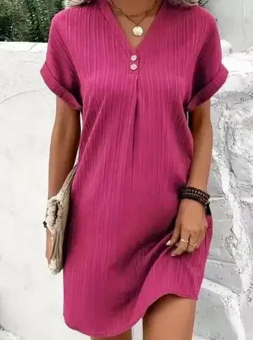 Women's Fashion  Loose T-Shirt Dress Ladies V Neck Short Sleeve Beach Baggy Solid Sundress Clothing