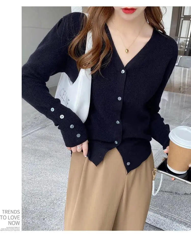 2025 Autumn And Winter Casual Sweater V Neck Women Korean Fashion Tops Long Sleeve Solid Basic Knitted Cardigan Female