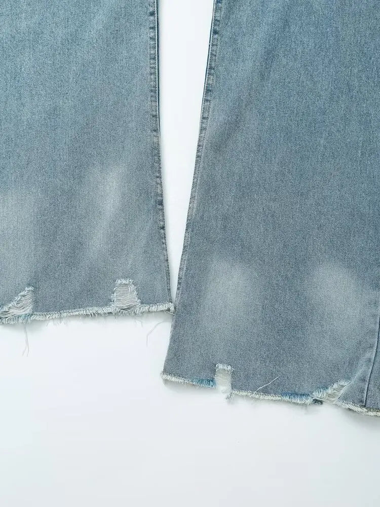 YENKYE New Women Fashion Ripped Wide Leg Jeans Vintage High Waist Pockets Female Denim Pants Autumn Trousers pantalones