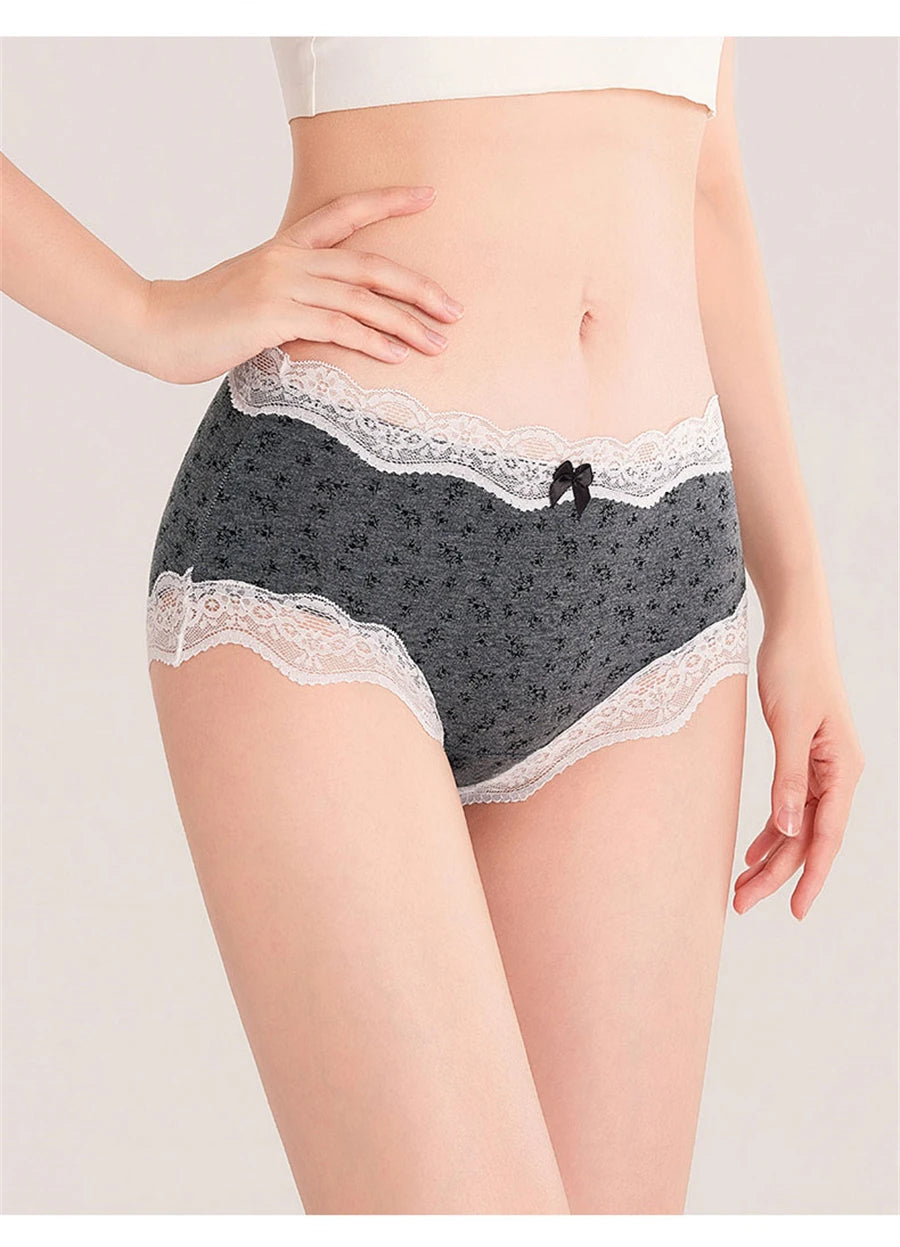 3Pcs Floral Cotton Crotch Panties Women's Underwear Cute Bow Brief Mid Waist Breathable Sexy Lace Female Lingerie Panties