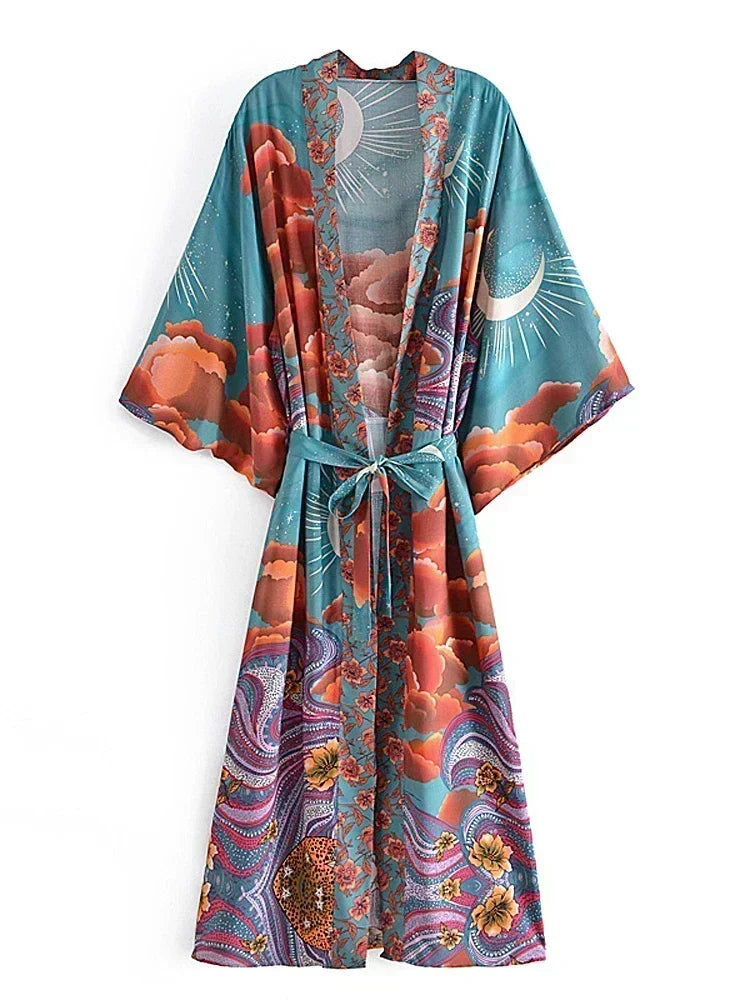 Vintage Chic Women Star and Moon Floral Print Bat Sleeve Beach Bohemian Kimono Dress Robe Ladies Summer Boho Bikini Cover-ups