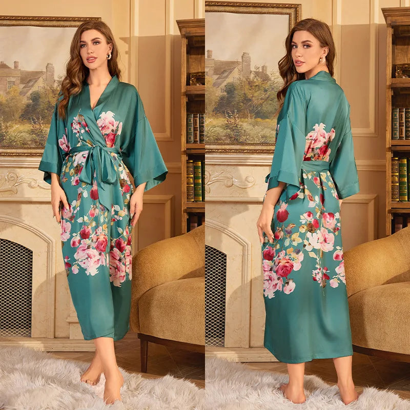 Print Flower Female Long Robe Sleepwear Japanese Kimono Bathrobe Gown Spring Summer Satin Nightgown Loose Casual Home Dress Wear