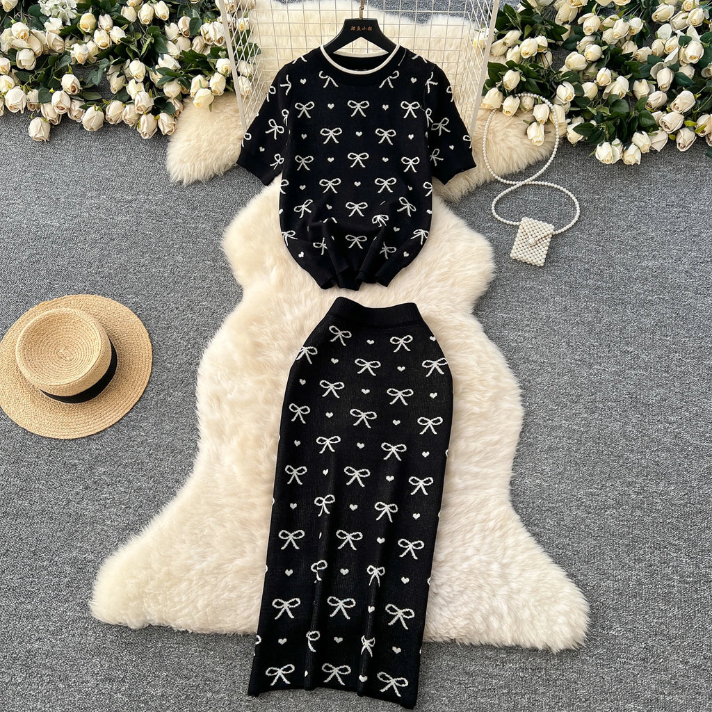 SINGREINY Newest Summer Knitting Suits O Neck Basic Tops+High Waist Sheath Long Skirt Bow Print Chic Casual Women 2pcs Sets