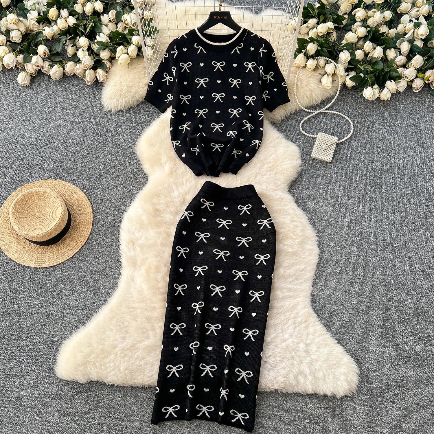 SINGREINY Newest Summer Knitting Suits O Neck Basic Tops+High Waist Sheath Long Skirt Bow Print Chic Casual Women 2pcs Sets