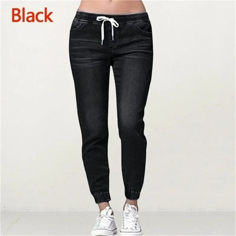 Lace-up Jeans for Women Denim Pants Casual Loose Slim Fit Stretch Long Denim Pure Color Trousers Blue Black Jean 2024 summer