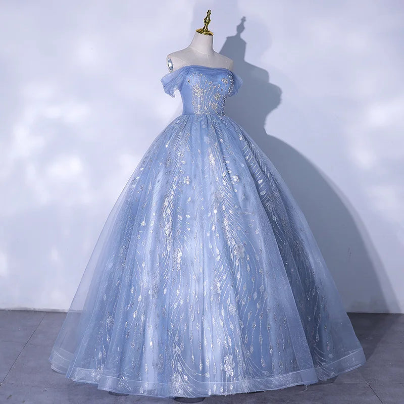One Shoulder Evening Dress 2026 Summer New Haze Blue Vocal Art Exam Piano Performance Puffy Skirt Annual Meeting Evening Dress