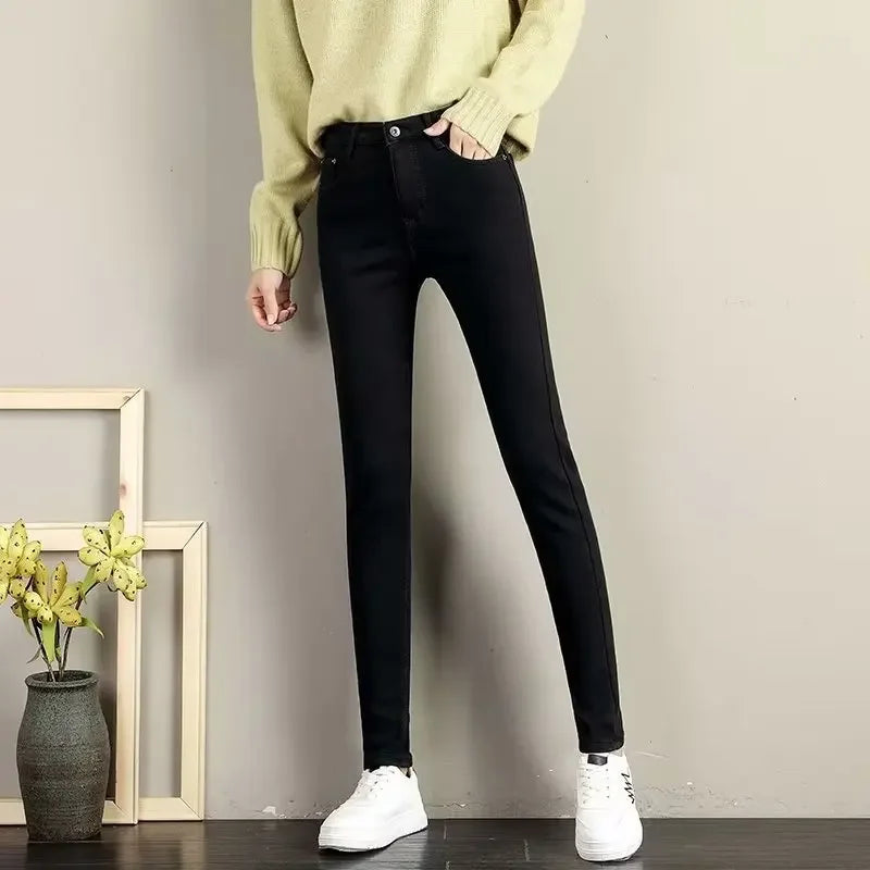 High Waist Fleece Lined Skinny Jeans Women's Autumn Winter New Style Pure Color Slimming Tight Fit Ankle Length Pants