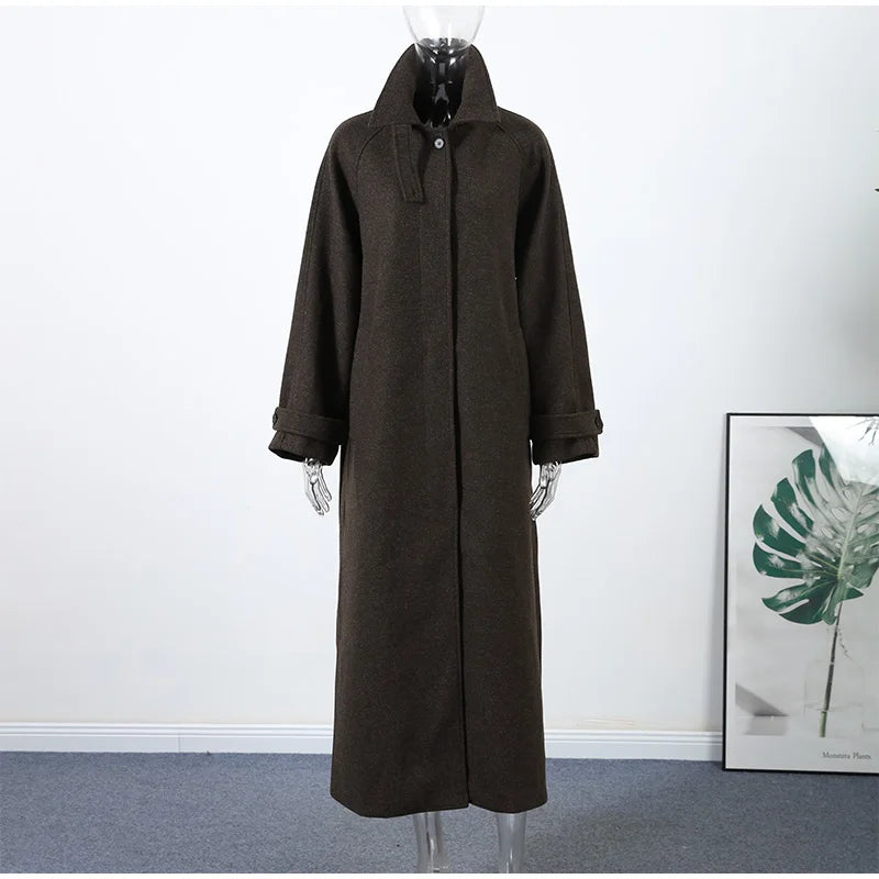 Elegant Stand Collar Long Woolen Coat Women Loose Full Sleeve Single Breast Warm Overcoat 2026 Spring Lady Outwear New