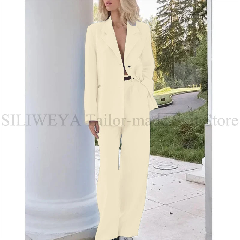 Elegant Light Blue Linen Women Suit Single Brested Jacket Pants 2 Piece Female Clothing Loose Casual Office Lady Balzer Set