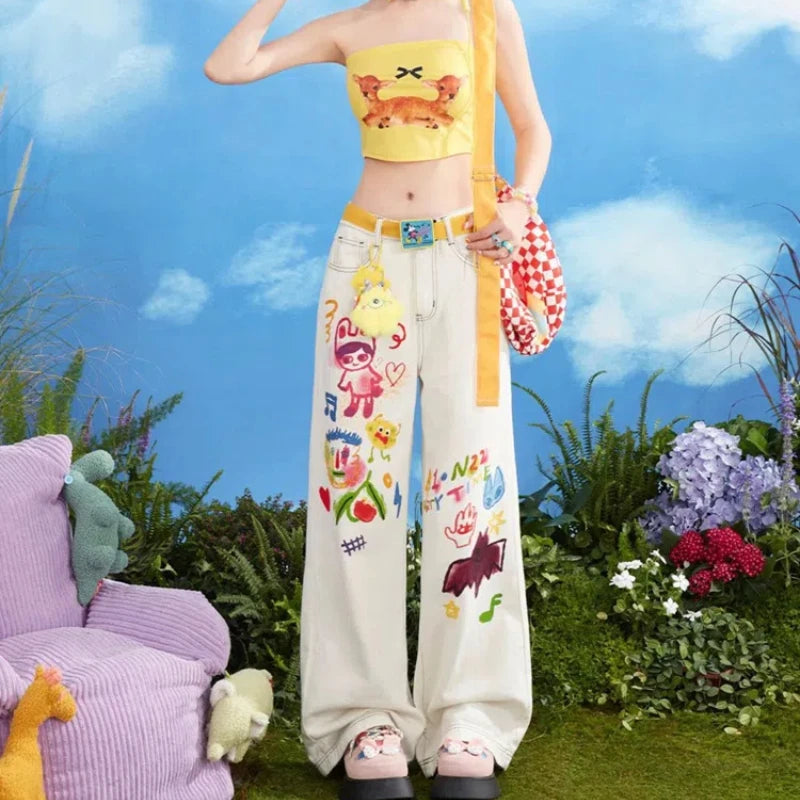 Kawaii Cartoon Young Style Sweet Summer Straight Jeans Women Printing Pockets Zipper Fashion Loose High Waist Wide Leg Trousers