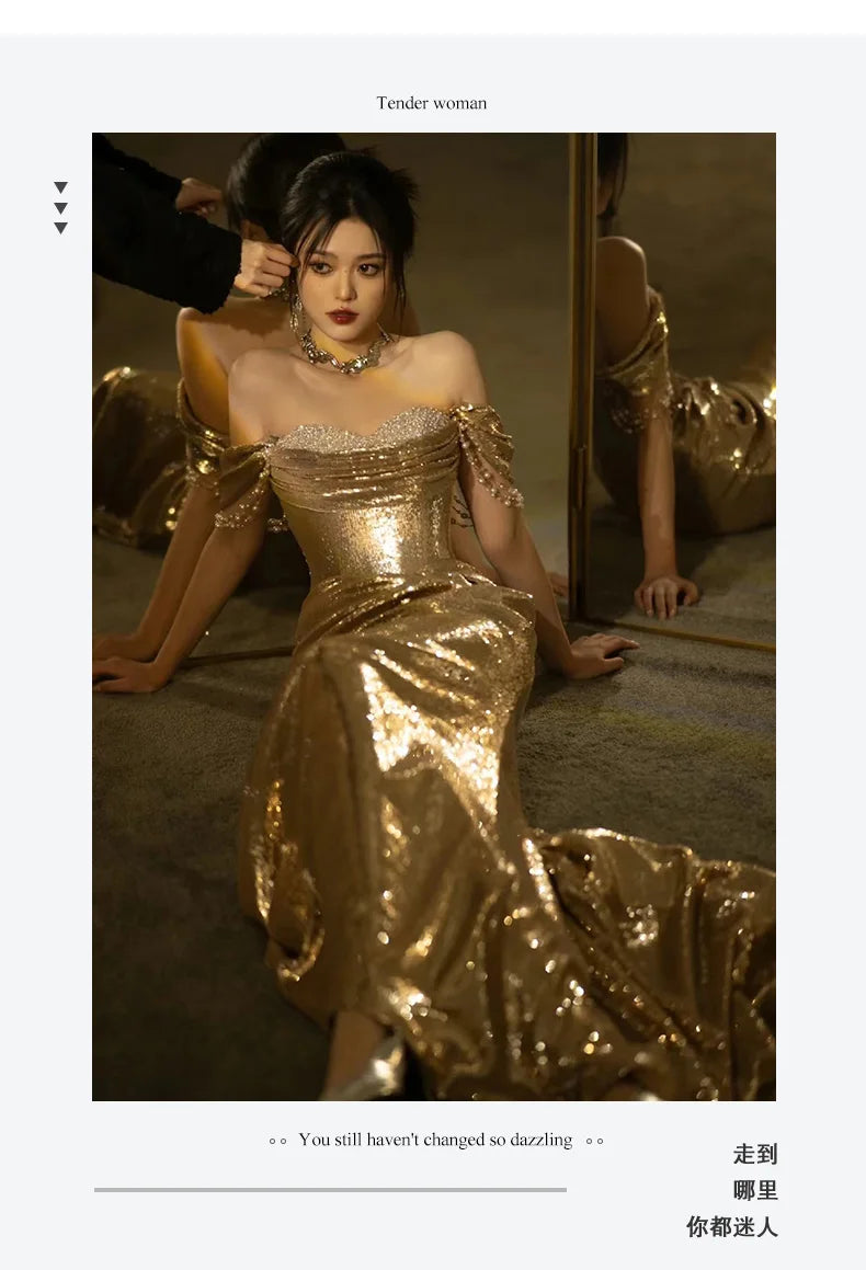 Lautaro Spring Praty Birthday Evening Dresses Woman Off Shoulder Backless Elegant Luxury Prom Floor Length Gold Sequin Dress