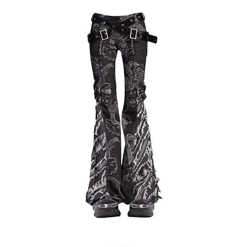 American Subculture Printed Dragon Pattern Raw Edge Slightly Flared Jeans Women's Personalized Low-waisted Slim Fit Flared Pants