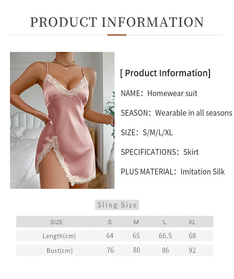 Summer Contrast Lace Silk Satin Nightdress for Women Sleepwear Deep V Backless Lace Up Split Slip Sleep Dress Nightgown
