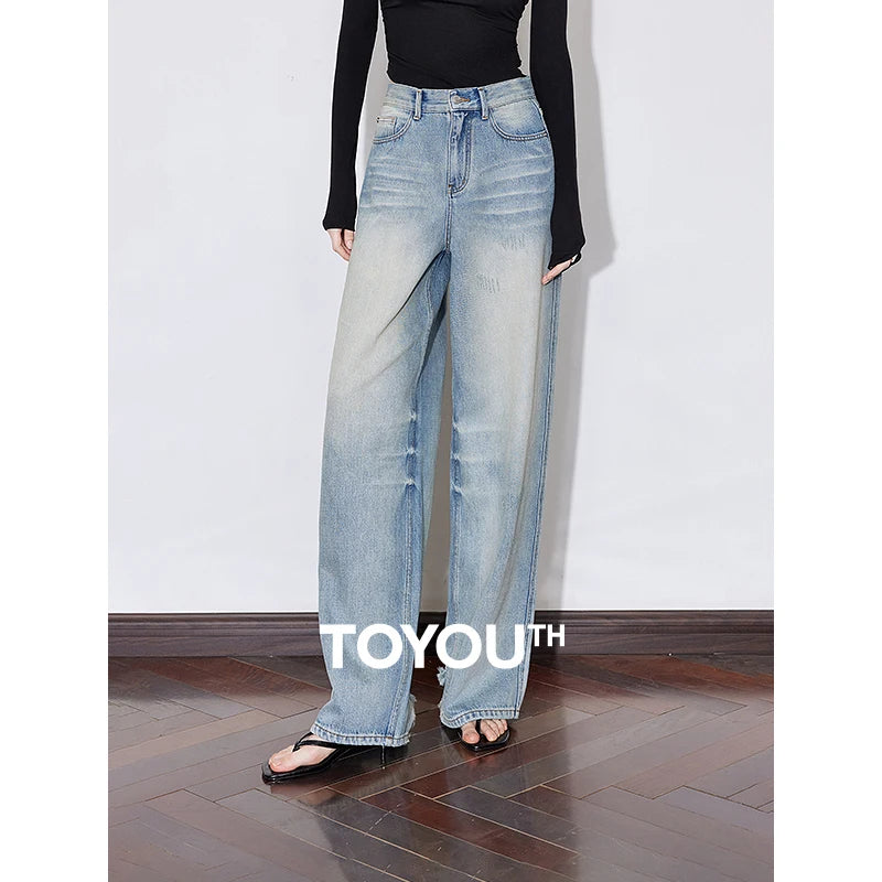 TOYOUTH Women Denim Jeans 2025 Spring New Mid Waist Wide Leg Straight Casual Long Pants