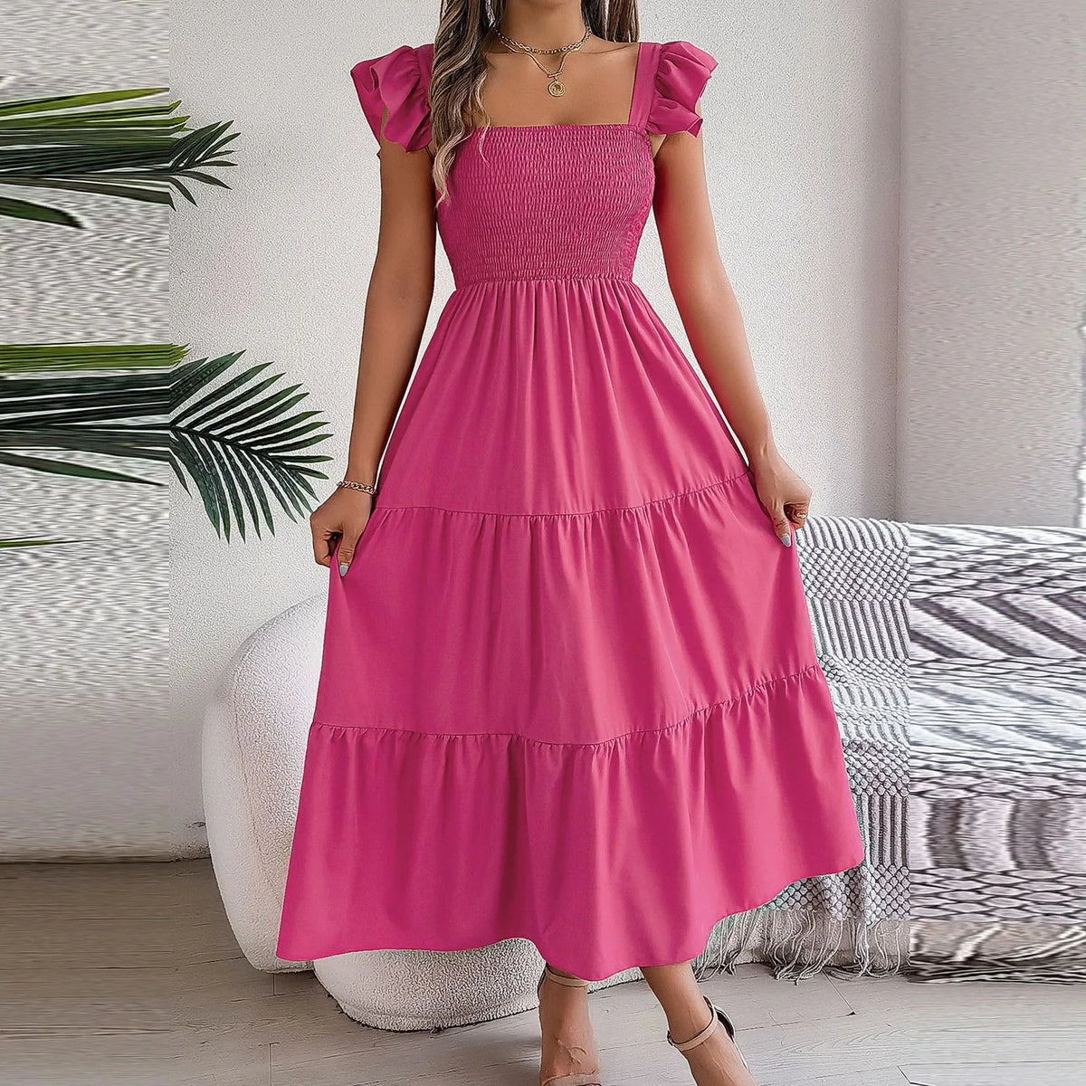 2024 Summer Solid Tank Long Dress For Women Square Collar Sleeveless A-Line Maxi Dress Backless Slim Waist Pleated Beach Dresses