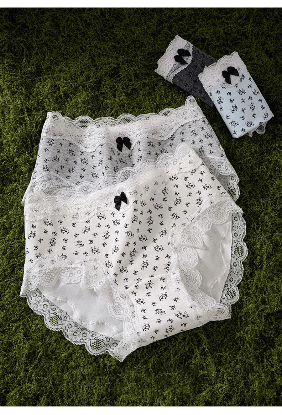 3Pcs Floral Cotton Crotch Panties Women's Underwear Cute Bow Brief Mid Waist Breathable Sexy Lace Female Lingerie Panties