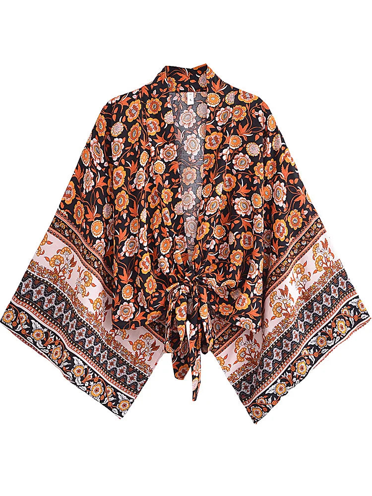 Vintage Women Fashion Boho Kimono Short Robe Swimsuits Floral Batwing Sleeves Rayon Bohemian Bikini Cover Ups Beachwear