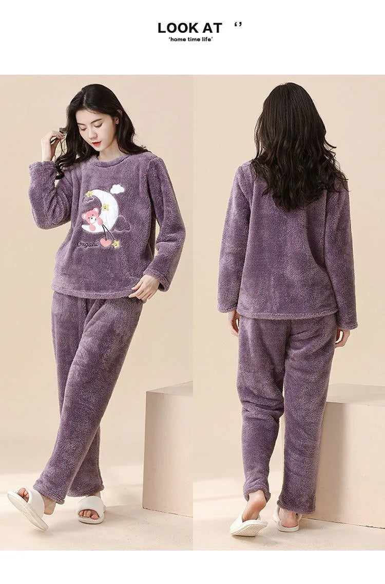 2PCS/Set Thickened Warm Fashion Autumn and Winter Pajamas Long-Sleeved Women Coral Velvet Cute Cartoon Grizzly Bear Comfortable