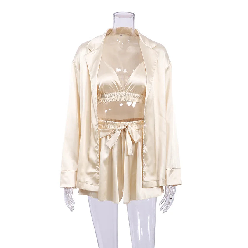 Women's Satin Soft Pajamas Set Crop Top+Shorts+Sleep Robe 3 Pieces Suit Loungewear Female Matching Sets Brides Pijamas Sleepwear