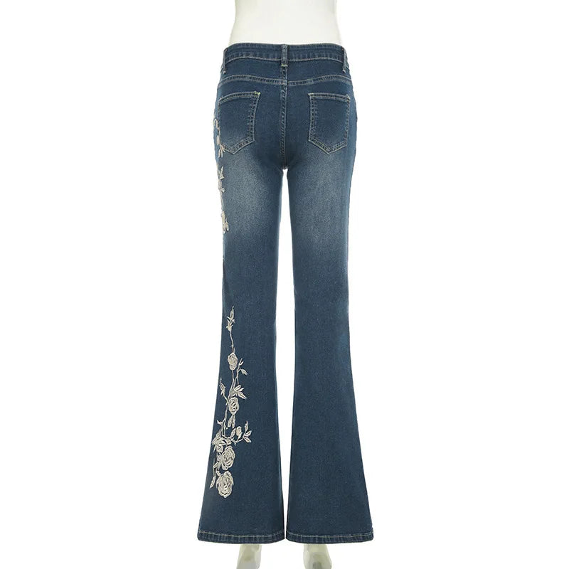 Women Retro Y2k Jeans Baggy Floral Embroidery Jeans Vintage 2000s Low Rise Flared Denim Pants High Street Basic Trousers