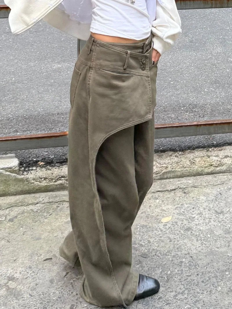 American Fashion Street Wash Retro Fake Two-piece Design Jeans Women's Loose Wide Leg Pants Trendy Female Clothing