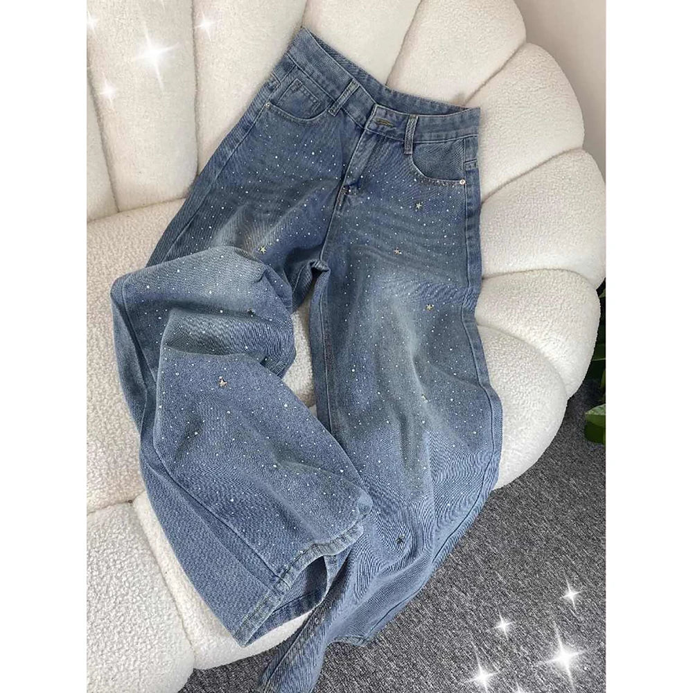 Shiny Diamond Bling Denim Pants Spring Autumn Women High Waist Straight Wide Leg Jeans Glitter Rivet Loose Blue Denim Pants ﻿