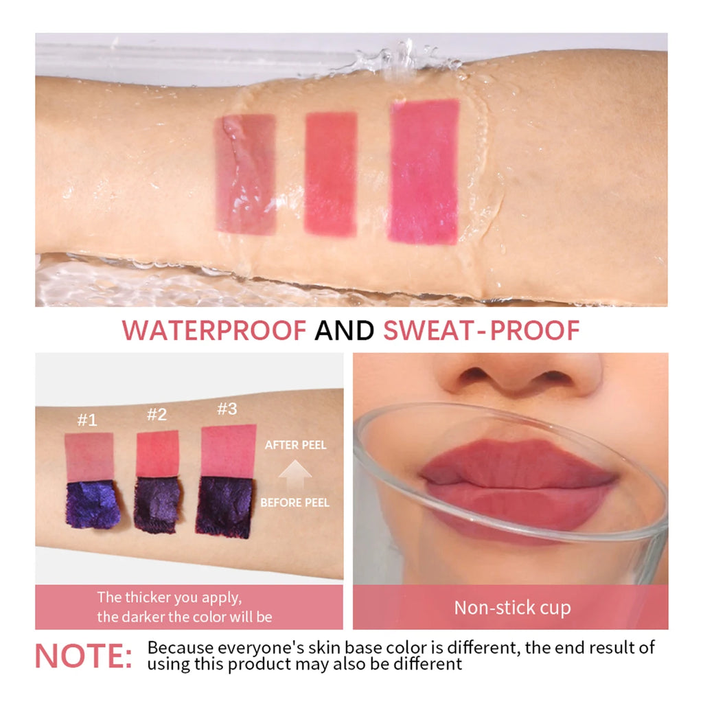 Peel Off Lip Stain 3 Colors Reveal Long Lasting Waterproof Pink Lip Tint Transfer Proof Non-stick Cup Lip Stain Women's Cosmetic