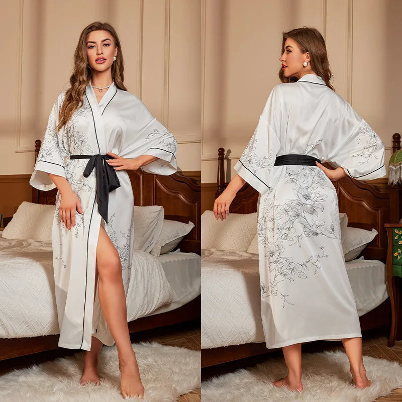 Print Flower Female Long Robe Sleepwear Japanese Kimono Bathrobe Gown Spring Summer Satin Nightgown Loose Casual Home Dress Wear