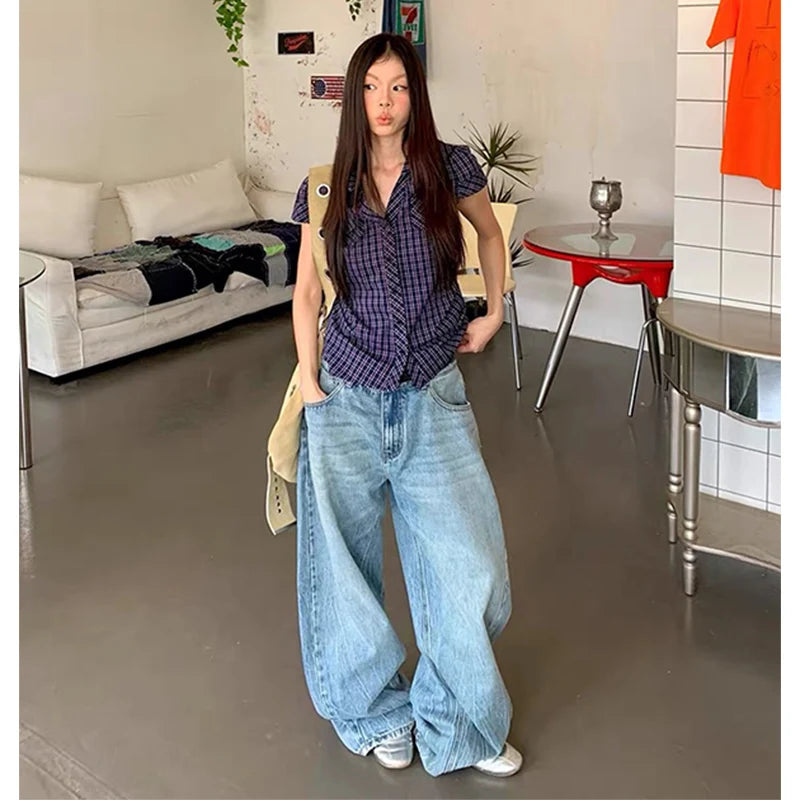 Women Blue Y2k Baggy Jeans Harajuku Vintage Boyfriend Bent Knife Denim Trouser Japanese 2000s Style Jeans Pants Oversize Clothes