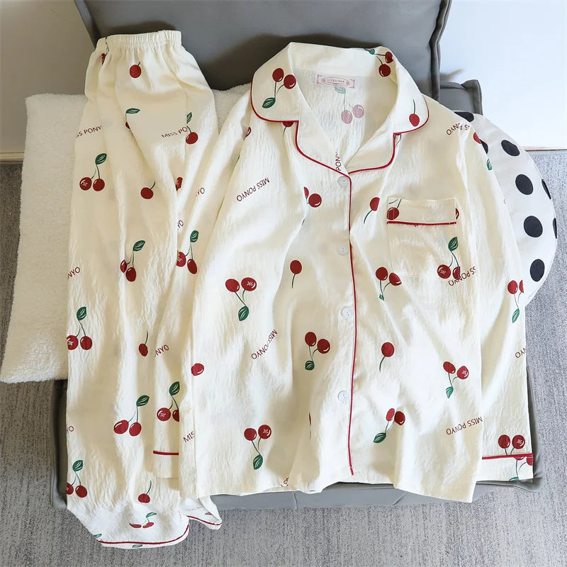 Autumn Women's 2 Piece Sets Print Polka Dot Sweet Kawaii Pajama Set Singer Breasted Top and Pants Women Casual Pajama Sets 2024