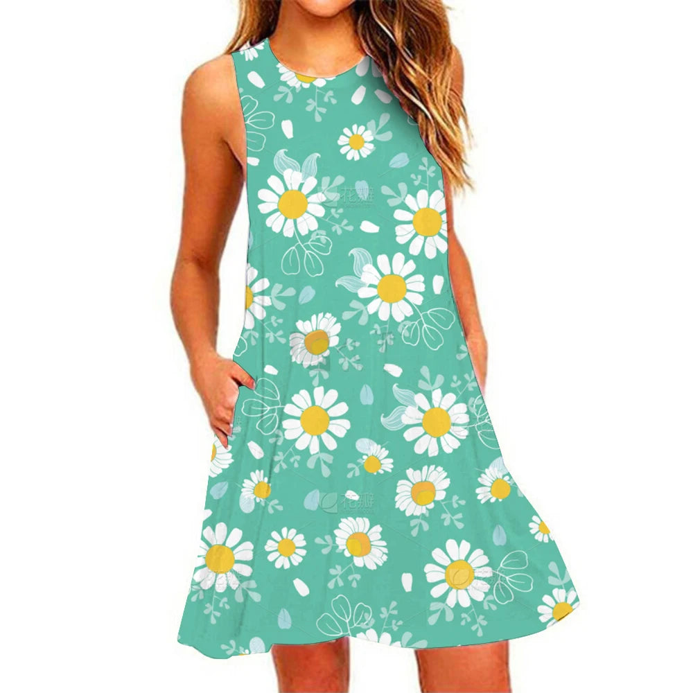 Summer New Women's Dresses Beach Casual Pineapple Printed Sleeveless Short Dress Round Neck Breathable Elastic Short Dresses