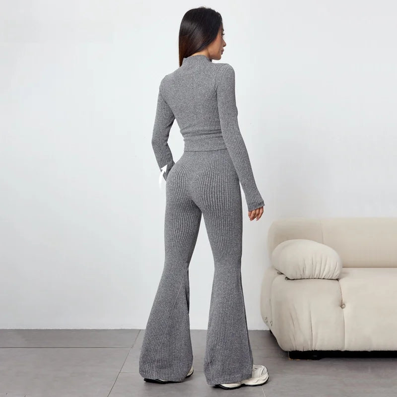 Women's Tight Fitness Yoga Outfit Set with Long Sleeves And Zipper Autumn Winter Sports Jacket And Bell Bottom Pants