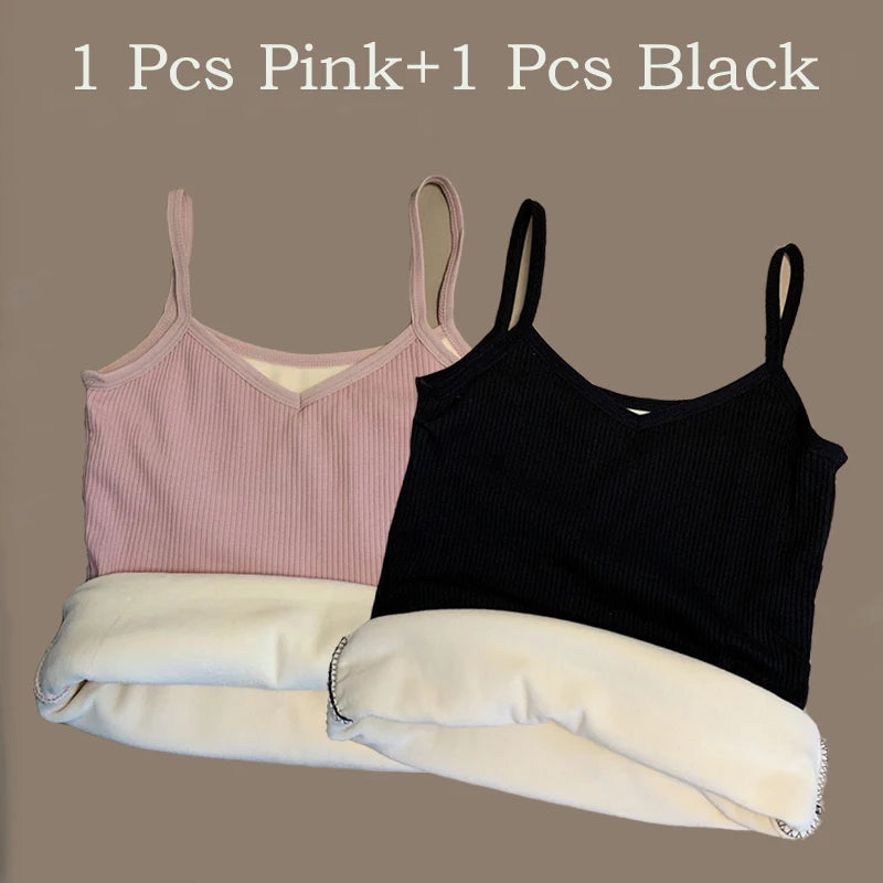 2PCS Women Winter Warm Underwear T-shirt Set Solid Color Thermal Casual Nightwear Sexy Elasticity Thin  Velvet Sleeveless Tops