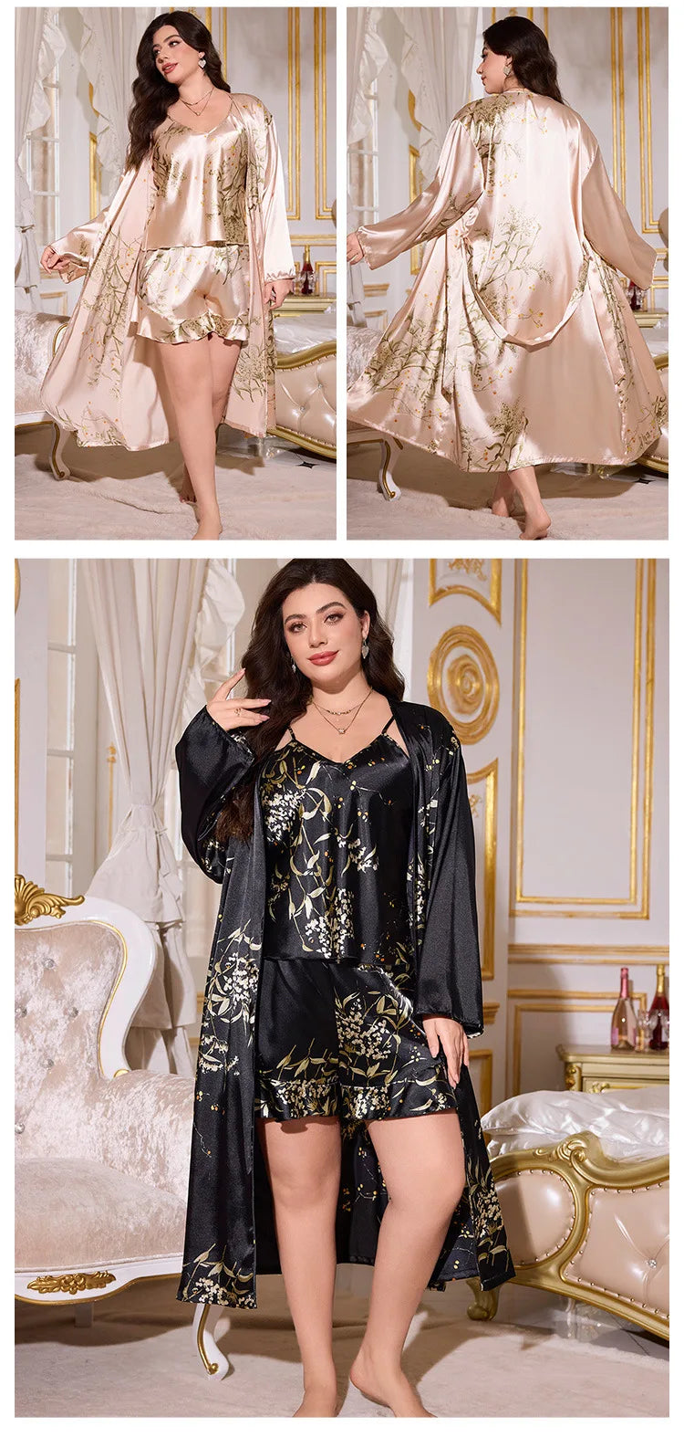Large Size Female 3PCS Robe Pajamas Set Sexy Print Flower Kimono Batrobe Gown Spring Summer Sleepwear Homewear Satin Loungewear