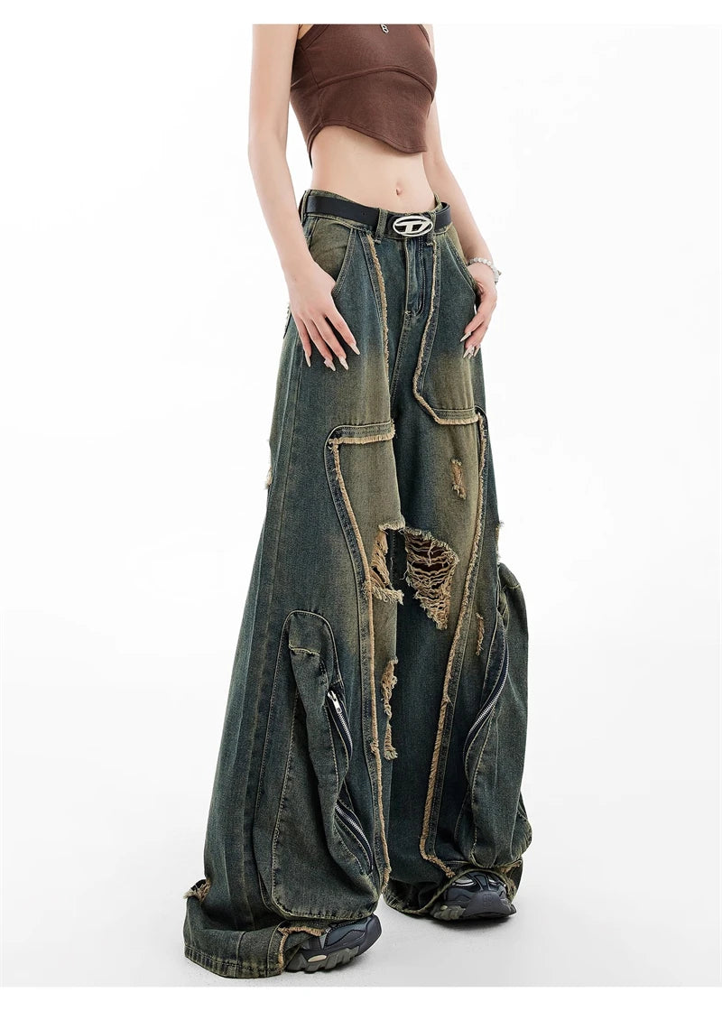 Women Y2k Baggy Cargo Jeans Harajuku Oversize Ripped Denim Trousers Vintage Japanese 2000s Style Jean Pants Trashy Clothes 2024