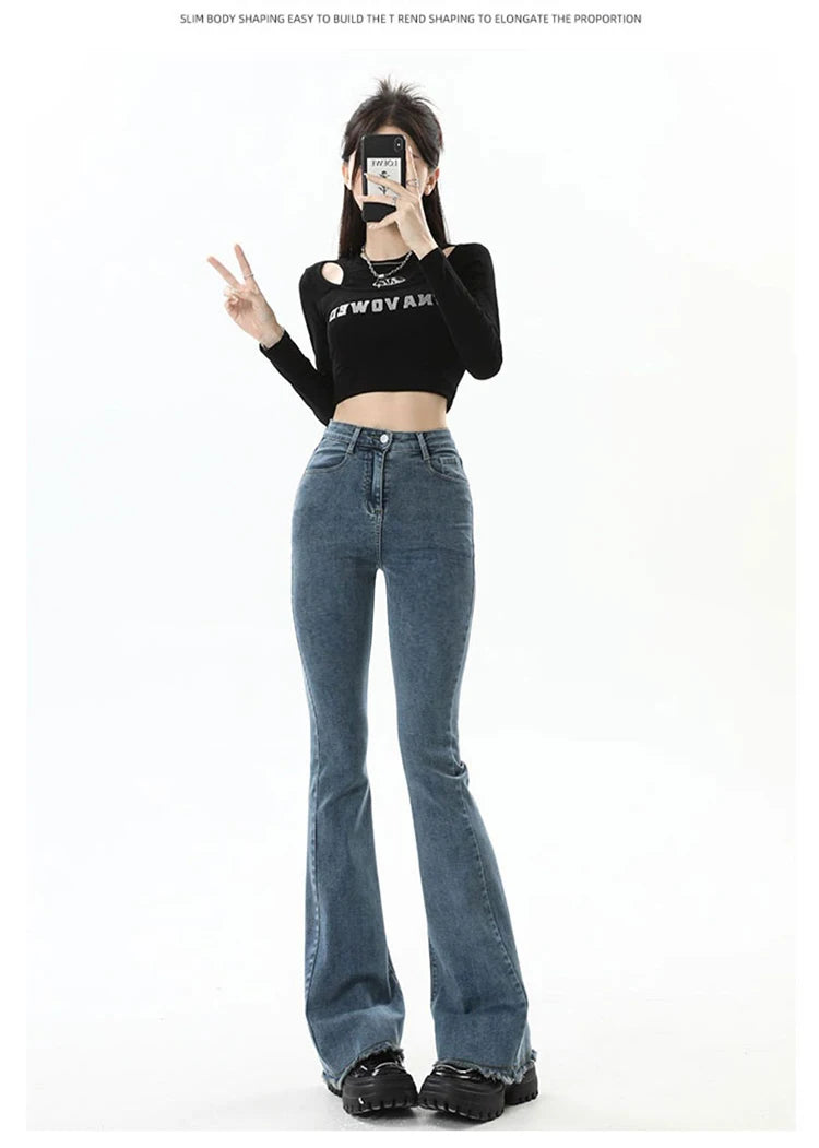 BIVIGAOS 2025 New Autumn Spring Micro Flared Jeans Women High Waist Slim Tight Retro Tassel Hem Stretch Denim Horseshoe Pants