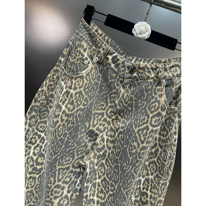 American Retro High Street Casual Overalls Leopard Print Loose Wide Leg Pants For Women Y2k Hip-hop Cargo Grunge Baggy Trousers