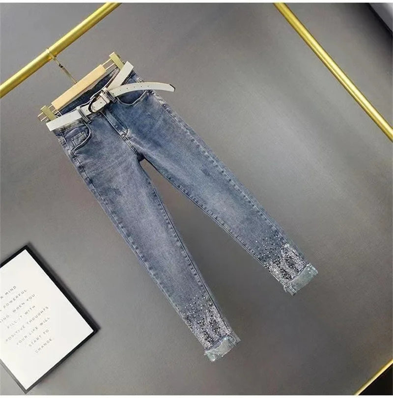 Spring Summer New 2025 Korean Slim Women Jeans Sequins Hot Drilling Denim Pants Ladies Pencil Cowboy Pants Trousers Lady