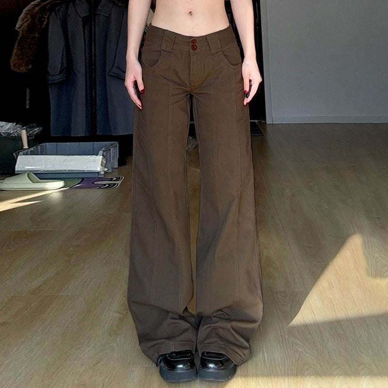 Brown Wide Leg Women's Jeans Y2K Grunge Style Low Rise Baggy Denim Pants Vintage Retro Casual Streetwear Korean Fashion Trousers
