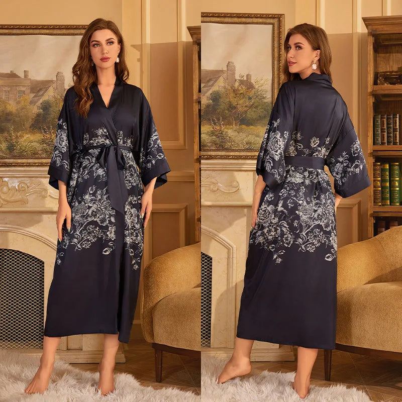 Print Flower Female Long Robe Sleepwear Japanese Kimono Bathrobe Gown Spring Summer Satin Nightgown Loose Casual Home Dress Wear