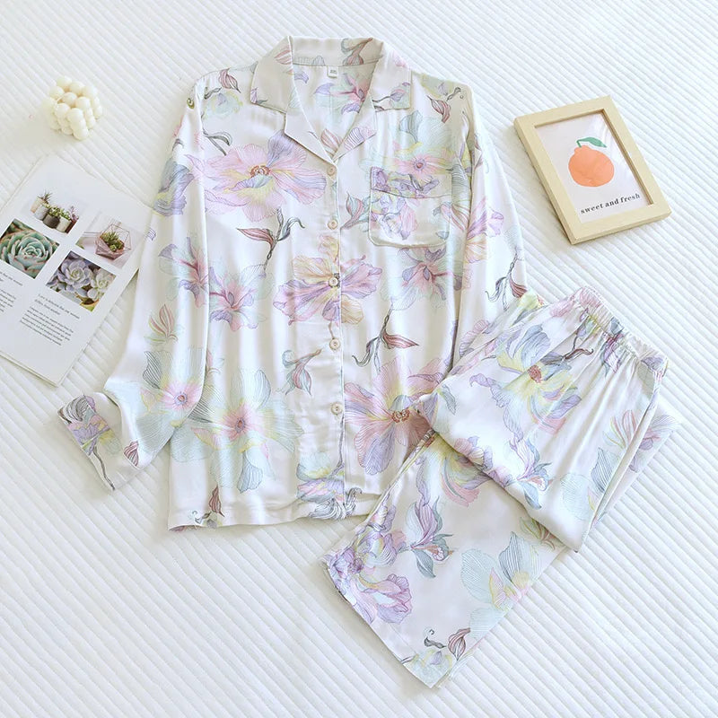 2023 Spring/Summer New Women's Pajama Set Gongsatin Cotton Women's Pajama Silk 100% Viscose Polka Dot Print Sleepwear 2-Piece