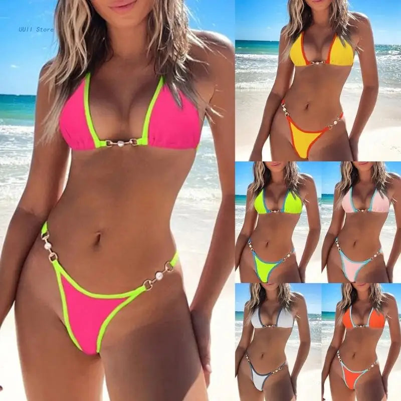 2Pcs Womens High Cut Thong Halter Bras Top Bikini Set Swimsuits String Sexy Bathing Suit  Bikini Set Beachwear