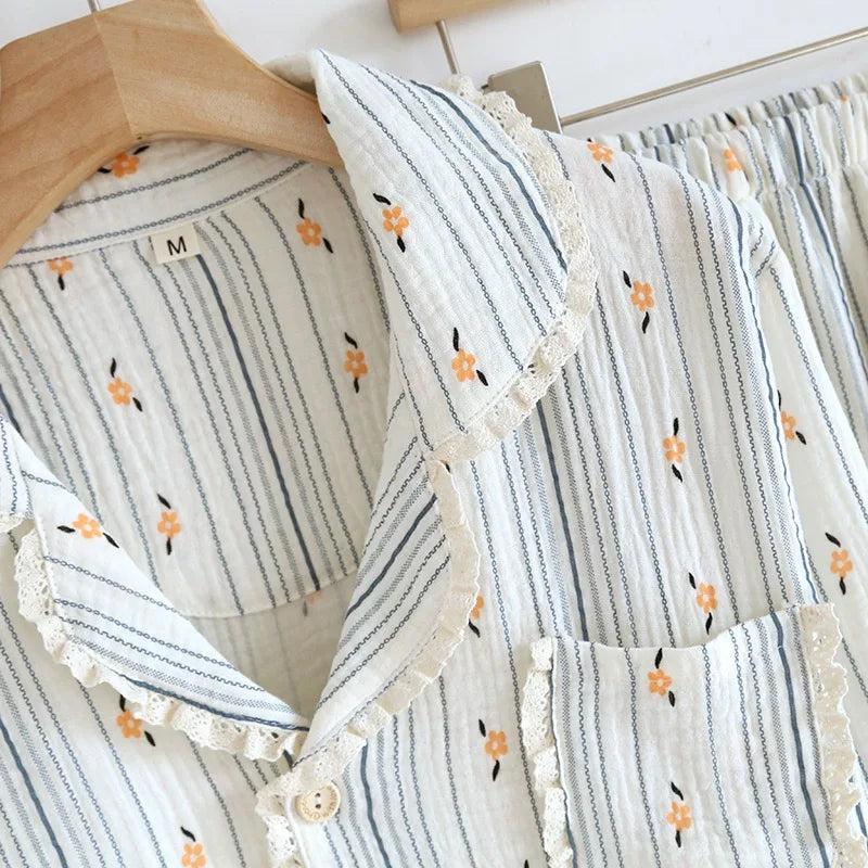 100% Cotton Gauze Women Pajamas 2025 New Spring/Autumn Sleepwear Female 2 Piece Set Nightwear Lady Pyjamas Loungewear