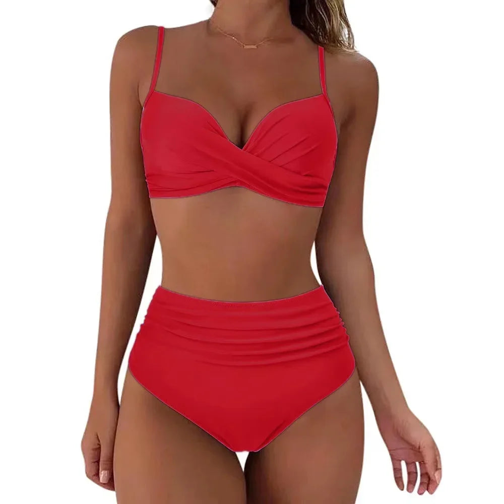 Slimming High Waist Bikini Set Women's Multi-Color Hard Bag Gathered Bikini Ideal for plus Size Swimsuits And Beachwear
