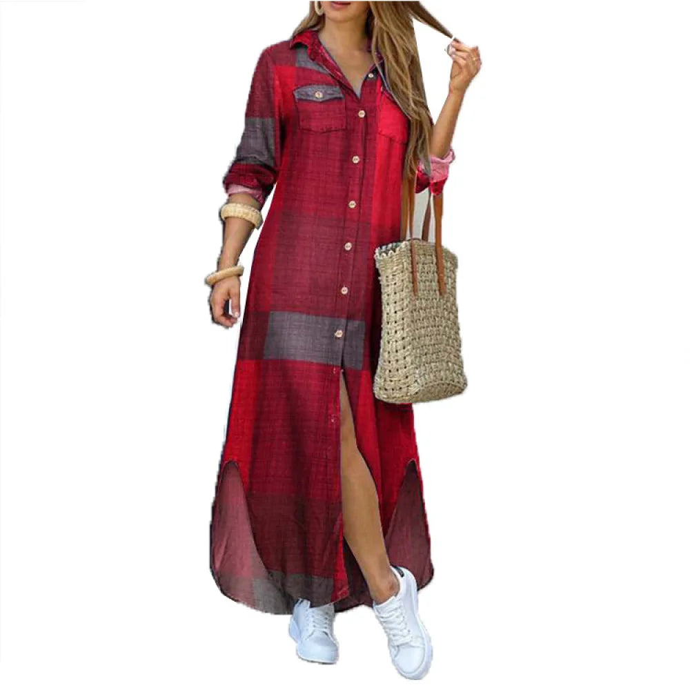 Camouflage Leopard Letters Floral Printed Dresses for Women 2025 Buttons Long Sleeve Loose Split Casual Solid Maxi Dress Robe