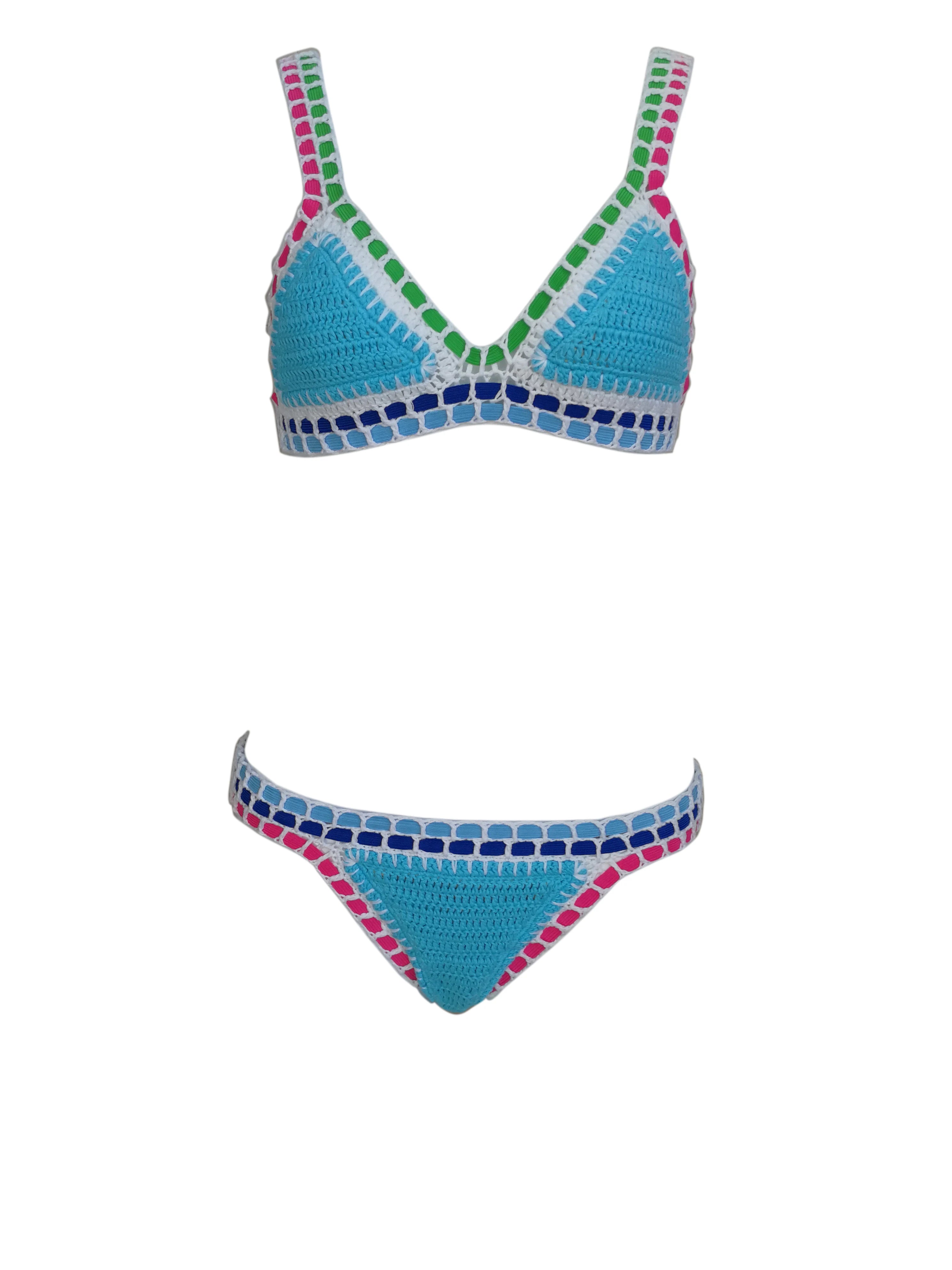 High Quality Women Handmade Crochet Bikini Set Cotton Crochet Colorful Sexy Boho Swimwear Vacation Beachwear Bathing Suit