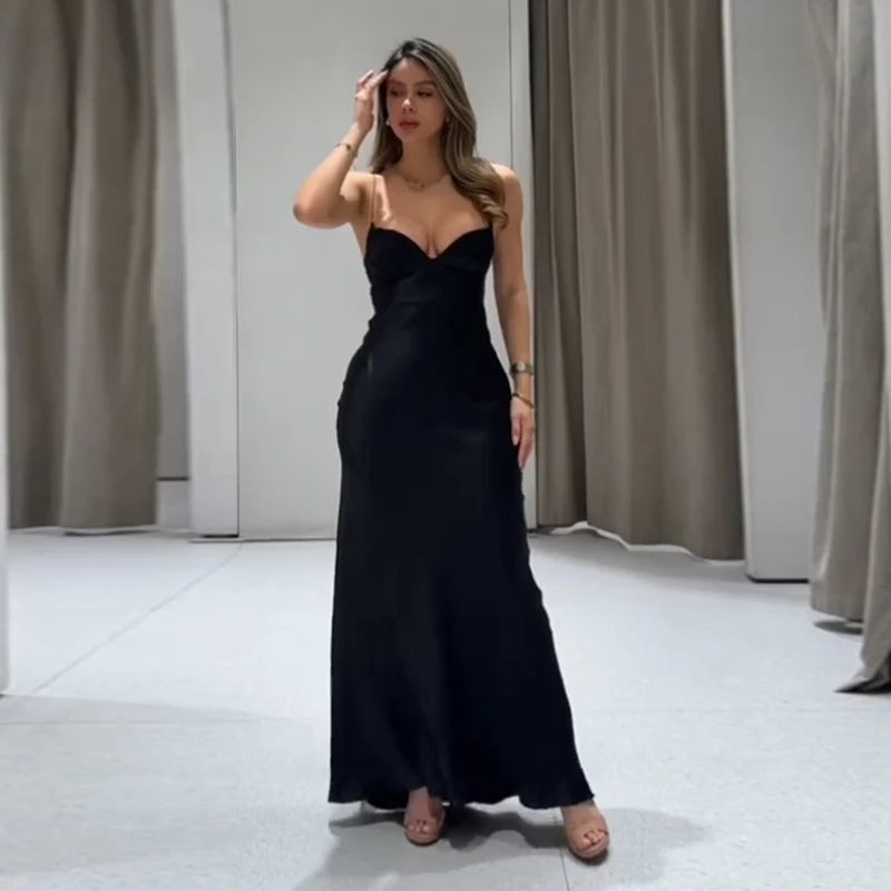 Sexy Satin Long Sling Dress Women Square Collar Sleeveless Backless Pleated Dresses Female 2026 Spring Lady Party Evening Robes