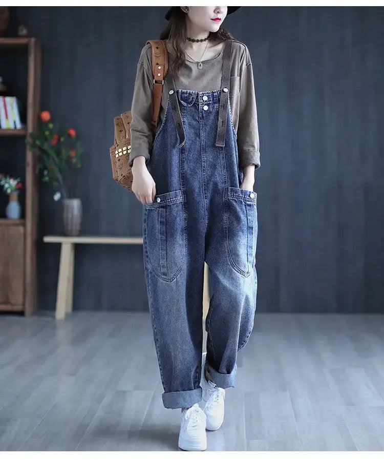 Loose Casual Denim Overalls Women's Wide Leg Pants Harem Jumpsuits Ageless plus Size New 2025 Fashion from Mainland China