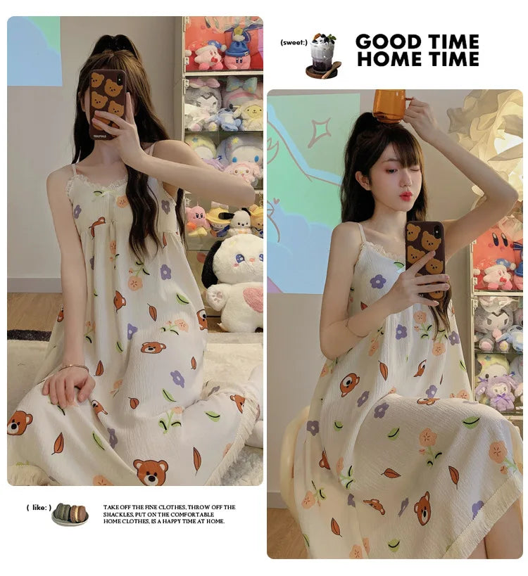 With Chest Cushion Halter Nightgown Female Summer Floral Breathable Thin Section of the Princess Style Loose Knee-Length Pajamas