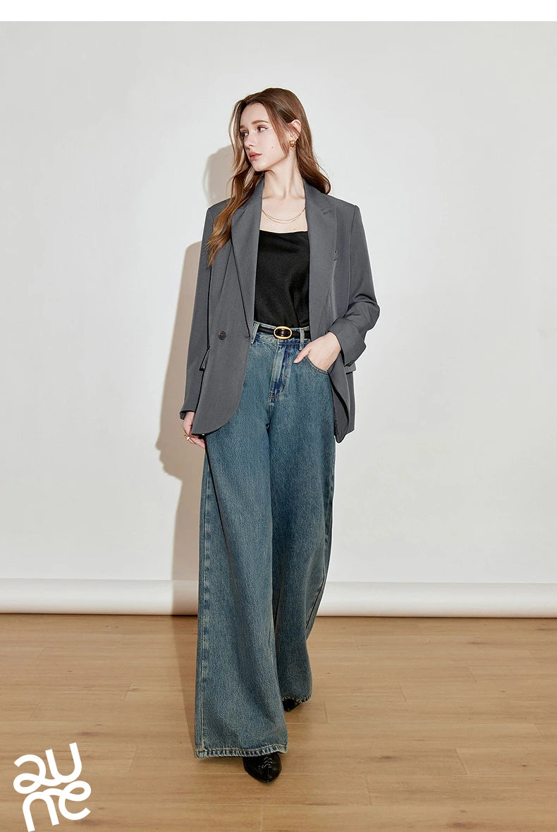 TOYOUTH Women Denim Jeans 2025 Spring New High Street Retro Pure Cotton Wide Leg Long Pants